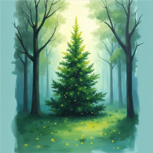 Dibujo de un arbol de navidad en mitad de un bosque
