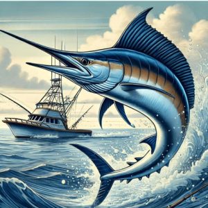 Dibujo de un pez espada y un barco