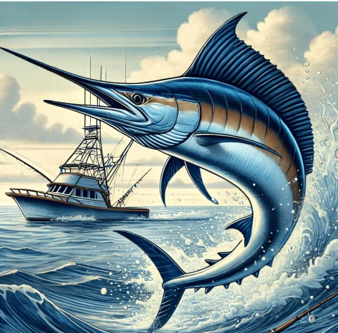 Dibujo de un pez espada y un barco