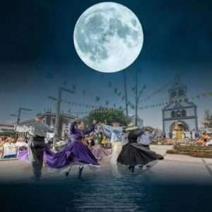 Dibujo de unas personas bailando bajo la luna llena