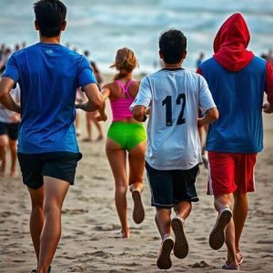 Grupo de personas corriendo en la playa