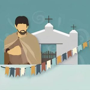 Un dibujo de una persona al lado de una iglesia