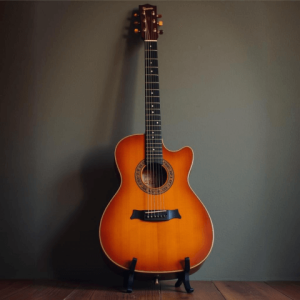 Una guitarra de madera expuesta